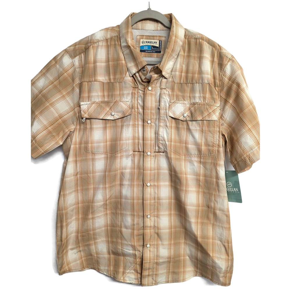 Magellan Outdoors Fish Gear Mens Pecos River Plaid Shirt Crockery Orange Large